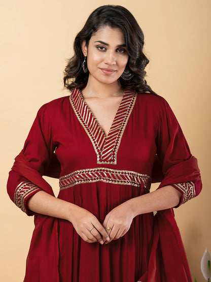 Maroon Gota Patti Work Anarkali Premium Rayon Kurta Pant Set with Cotton Dupatta–3 Piece Salwar Kameez-750091