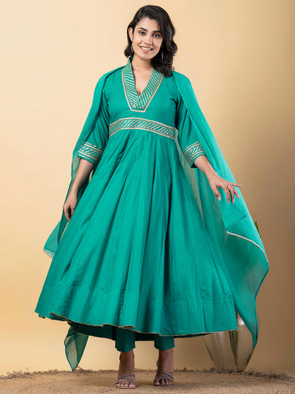 turquoise Gota Patti Work Anarkali Premium Rayon Kurta Pant Set with Cotton Dupatta–3 Piece Salwar Kameez-750092