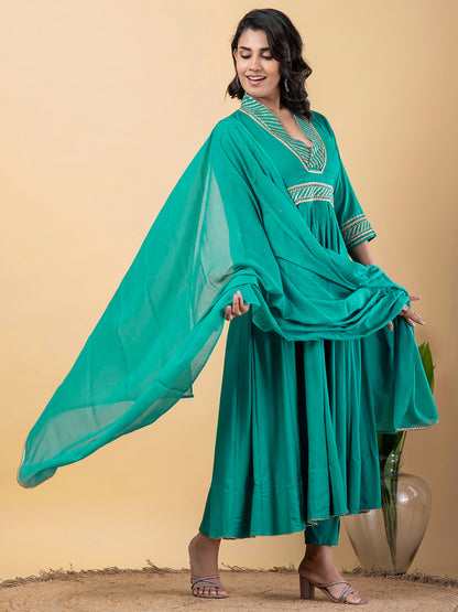 turquoise Gota Patti Work Anarkali Premium Rayon Kurta Pant Set with Cotton Dupatta–3 Piece Salwar Kameez-750092