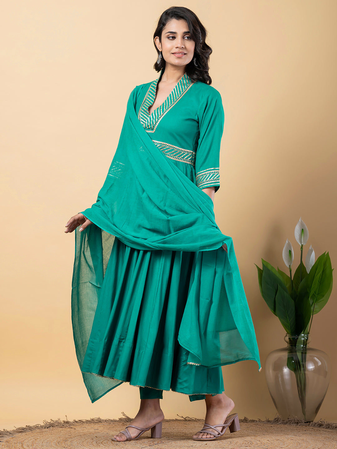 turquoise Gota Patti Work Anarkali Premium Rayon Kurta Pant Set with Cotton Dupatta–3 Piece Salwar Kameez-750092