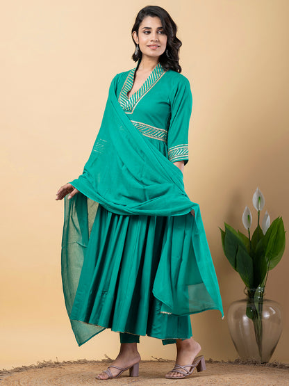 turquoise Gota Patti Work Anarkali Premium Rayon Kurta Pant Set with Cotton Dupatta–3 Piece Salwar Kameez-750092