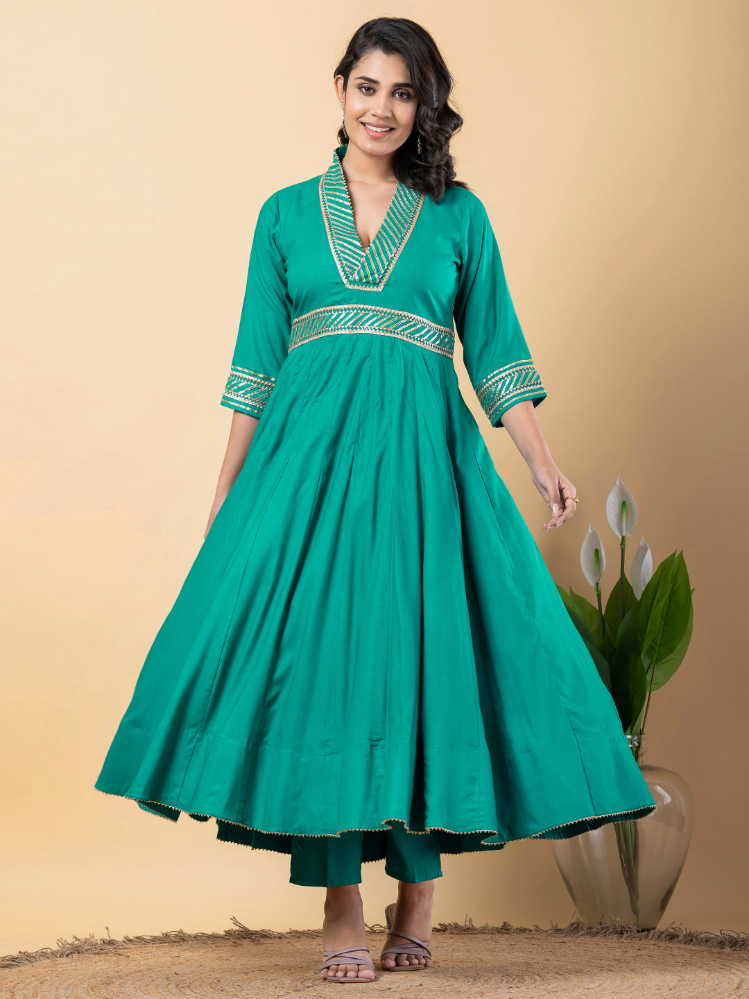turquoise Gota Patti Work Anarkali Premium Rayon Kurta Pant Set with Cotton Dupatta–3 Piece Salwar Kameez-750092