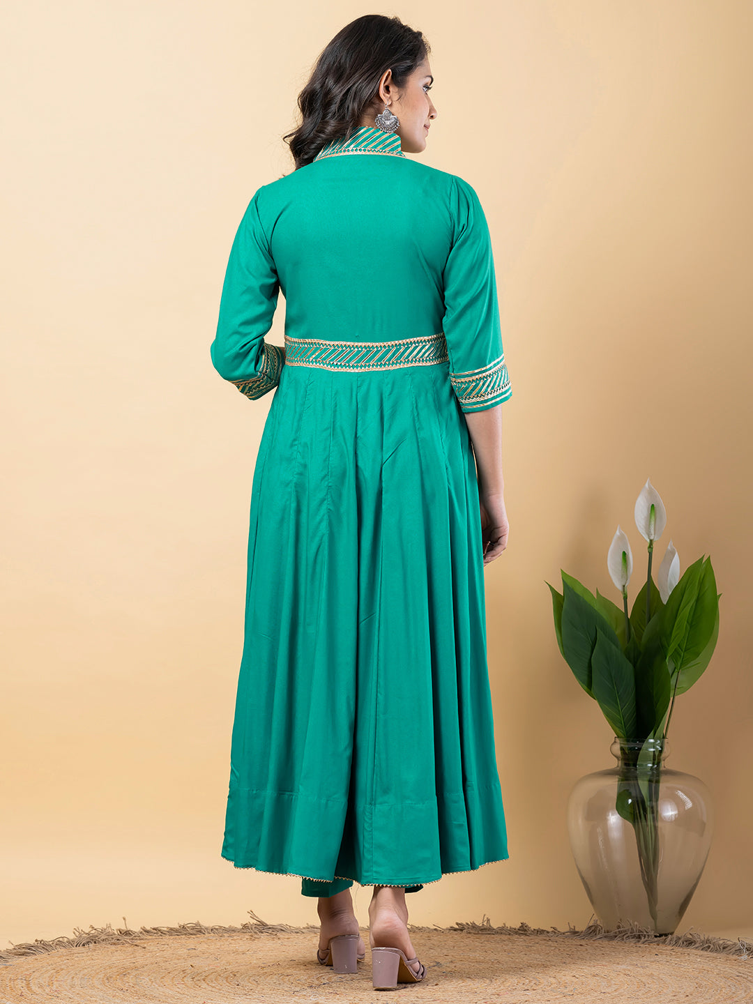 turquoise Gota Patti Work Anarkali Premium Rayon Kurta Pant Set with Cotton Dupatta–3 Piece Salwar Kameez-750092