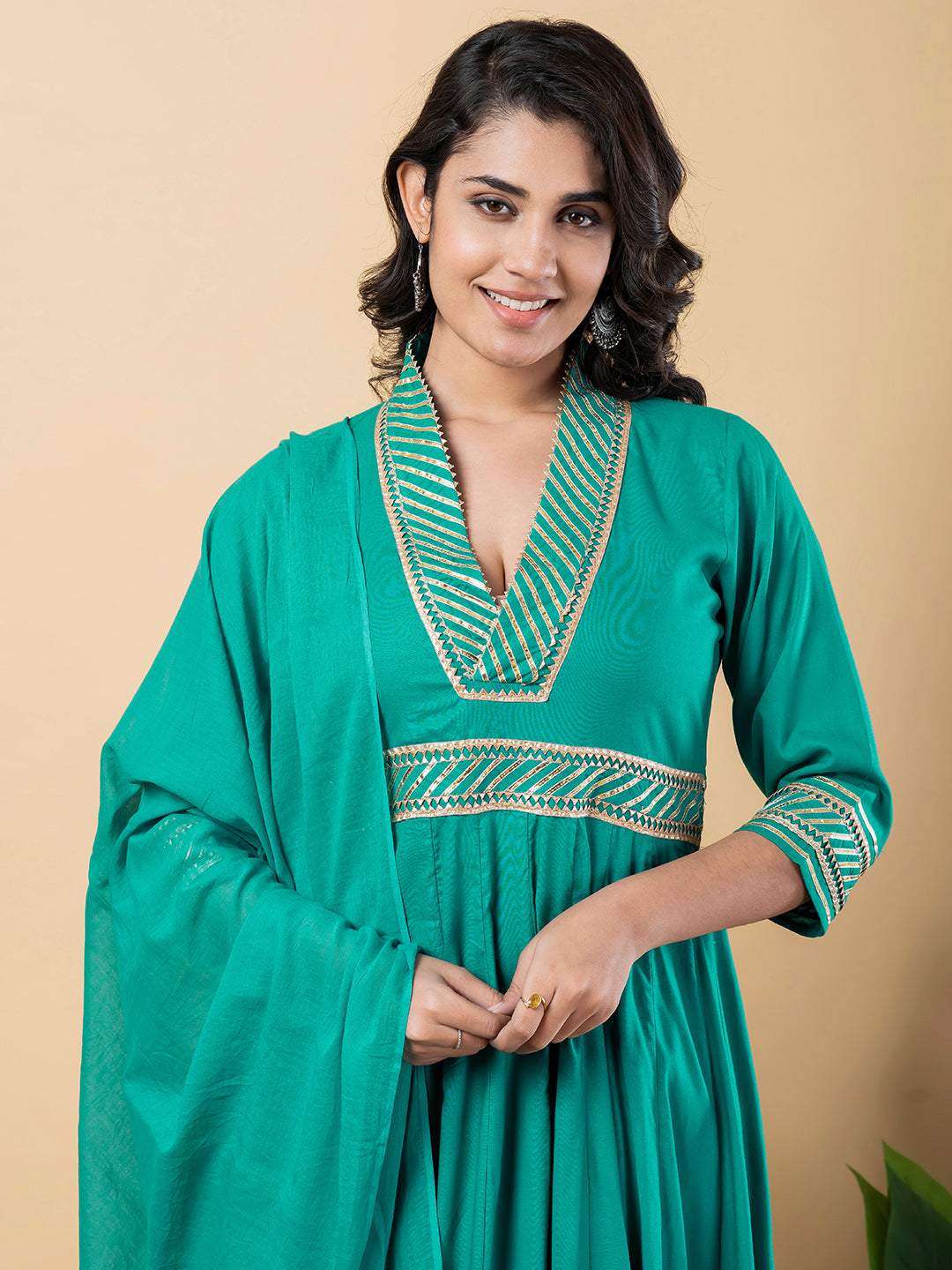 turquoise Gota Patti Work Anarkali Premium Rayon Kurta Pant Set with Cotton Dupatta–3 Piece Salwar Kameez-750092