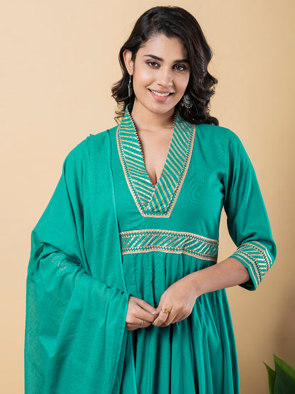 turquoise Gota Patti Work Anarkali Premium Rayon Kurta Pant Set with Cotton Dupatta–3 Piece Salwar Kameez-750092