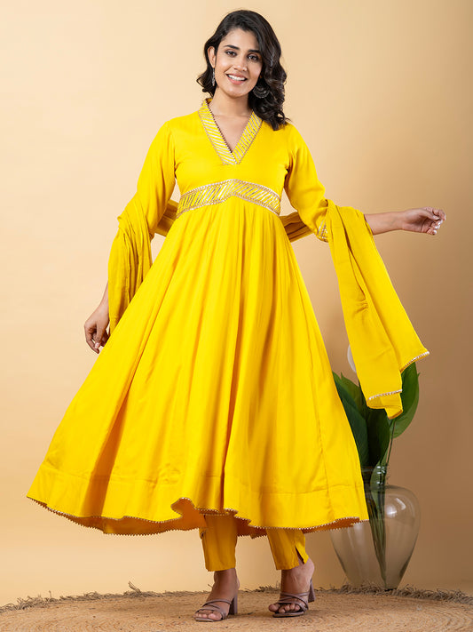 Yellow Gota Patti Work Anarkali Premium Rayon Kurta Pant Set with Cotton Dupatta–3 Piece Salwar Kameez-750093