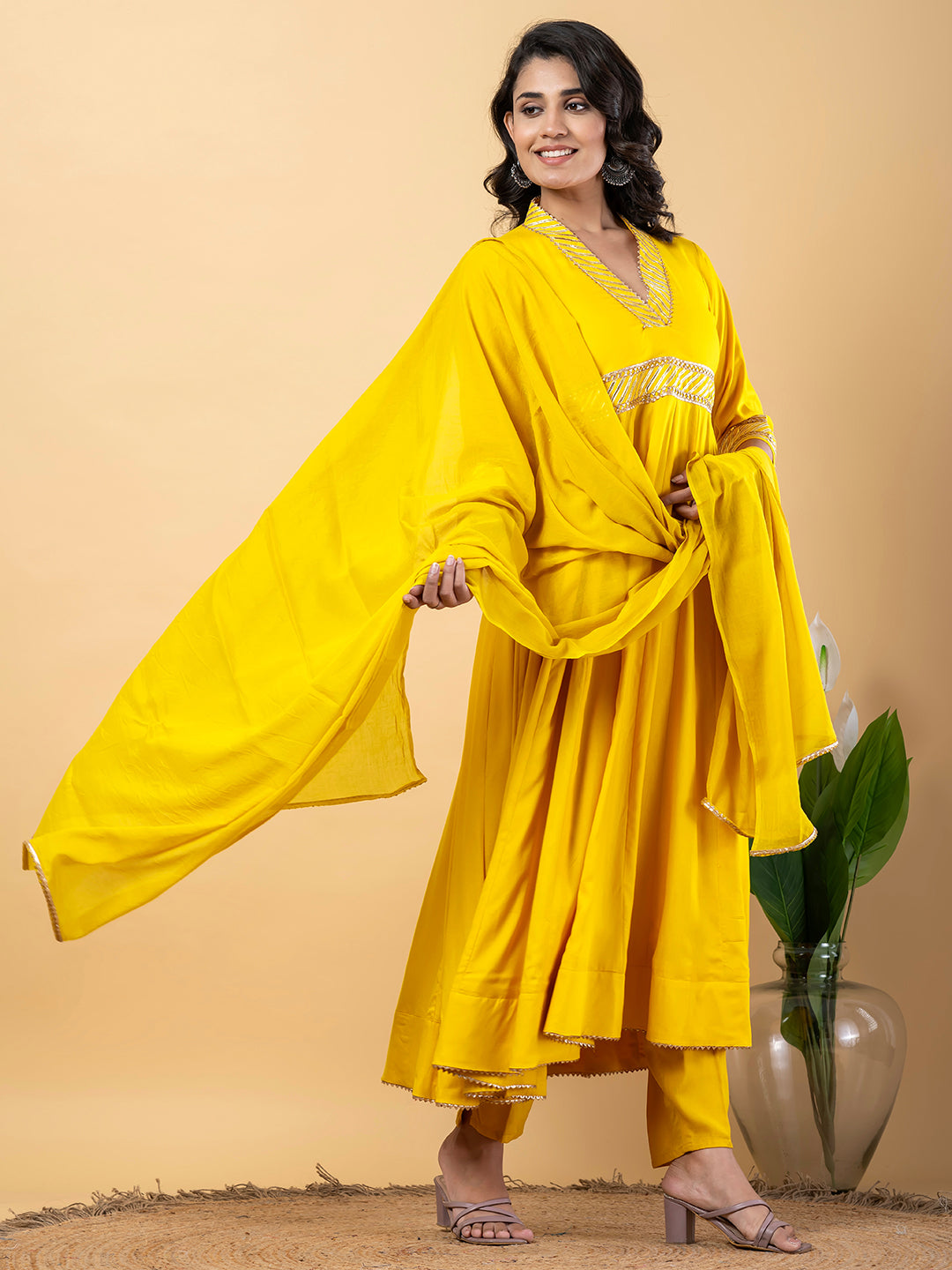Yellow Gota Patti Work Anarkali Premium Rayon Kurta Pant Set with Cotton Dupatta–3 Piece Salwar Kameez-750093