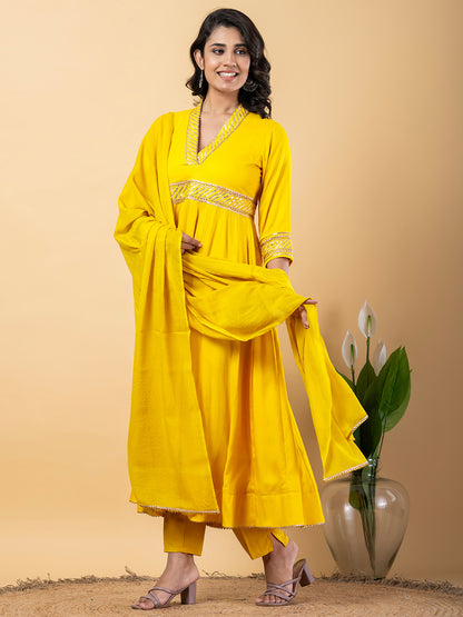 Yellow Gota Patti Work Anarkali Premium Rayon Kurta Pant Set with Cotton Dupatta–3 Piece Salwar Kameez-750093