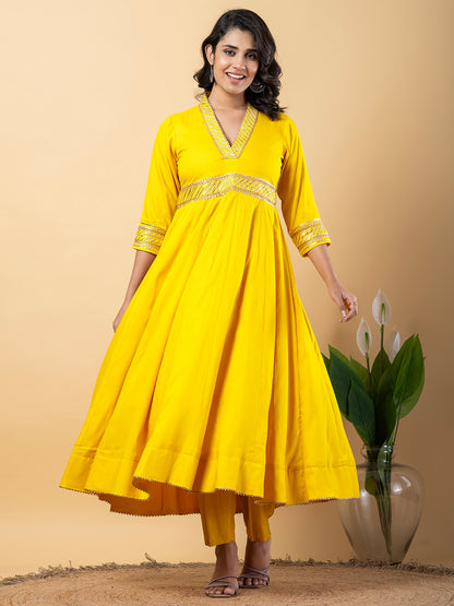 Yellow Gota Patti Work Anarkali Premium Rayon Kurta Pant Set with Cotton Dupatta–3 Piece Salwar Kameez-750093