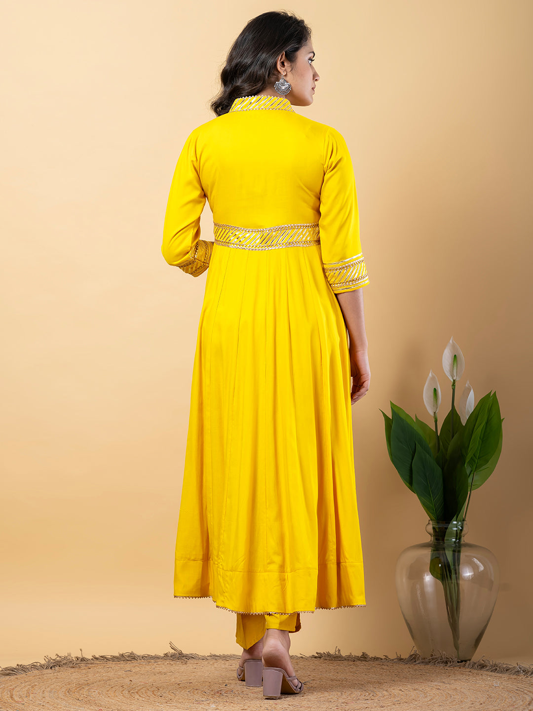 Yellow Gota Patti Work Anarkali Premium Rayon Kurta Pant Set with Cotton Dupatta–3 Piece Salwar Kameez-750093