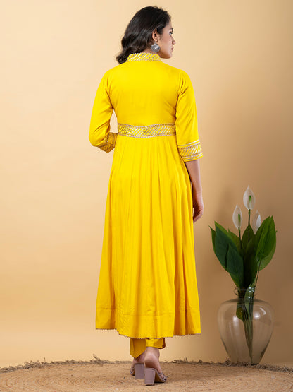Yellow Gota Patti Work Anarkali Premium Rayon Kurta Pant Set with Cotton Dupatta–3 Piece Salwar Kameez-750093