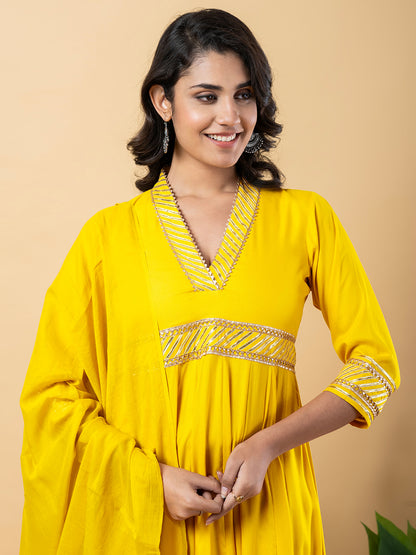 Yellow Gota Patti Work Anarkali Premium Rayon Kurta Pant Set with Cotton Dupatta–3 Piece Salwar Kameez-750093
