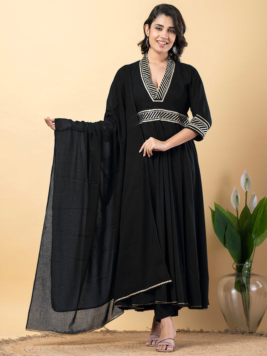 Black Gota Patti Work Anarkali Premium Rayon Kurta Pant Set with Cotton Dupatta–3 Piece Salwar Kameez-750094