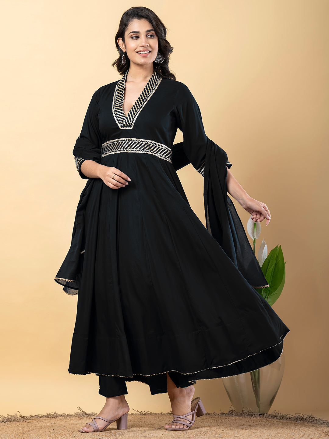 Black Gota Patti Work Anarkali Premium Rayon Kurta Pant Set with Cotton Dupatta–3 Piece Salwar Kameez-750094