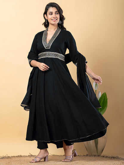 Black Gota Patti Work Anarkali Premium Rayon Kurta Pant Set with Cotton Dupatta–3 Piece Salwar Kameez-750094