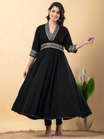 Black Gota Patti Work Anarkali Premium Rayon Kurta Pant Set with Cotton Dupatta–3 Piece Salwar Kameez-750094