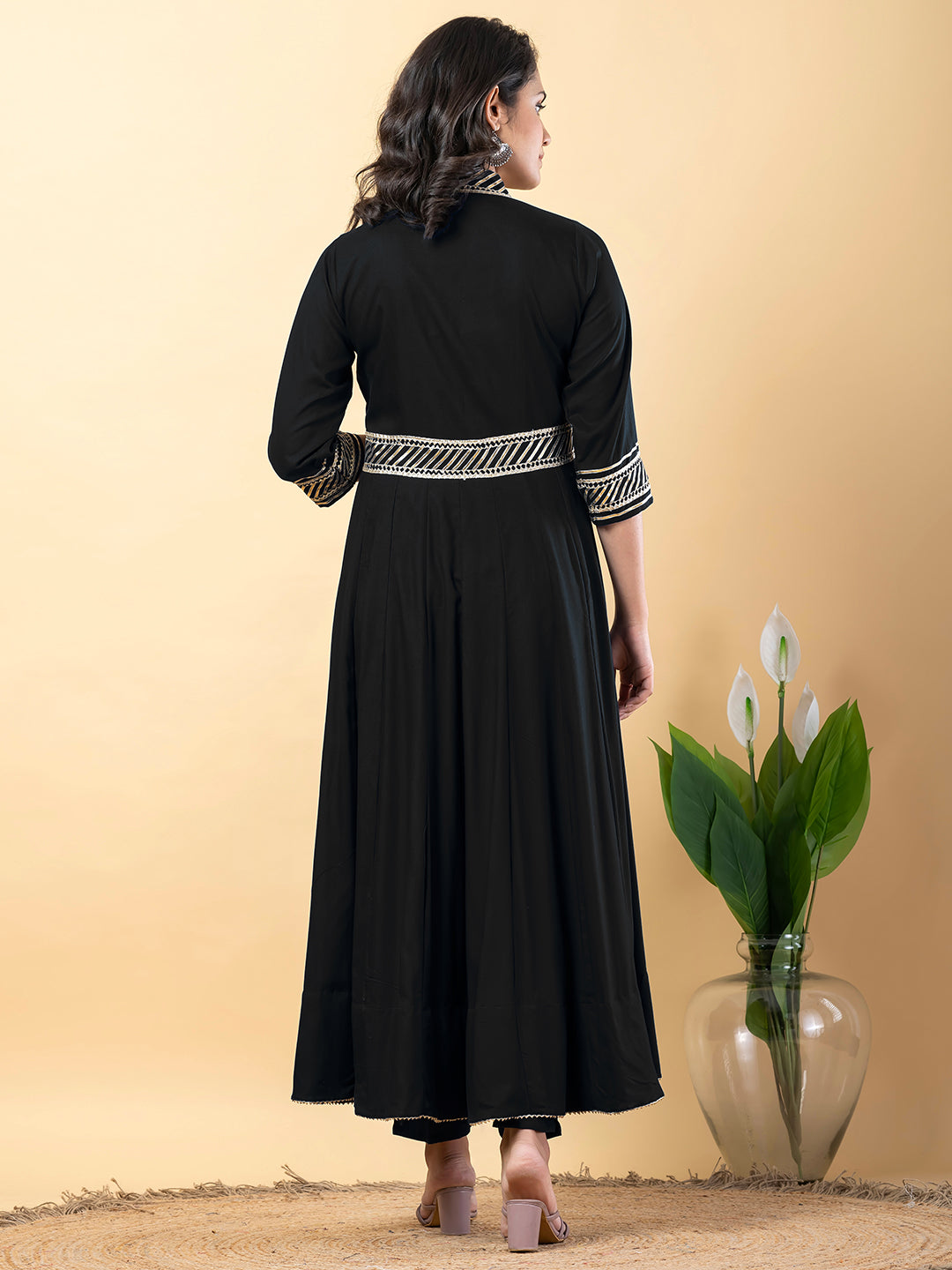 Black Gota Patti Work Anarkali Premium Rayon Kurta Pant Set with Cotton Dupatta–3 Piece Salwar Kameez-750094