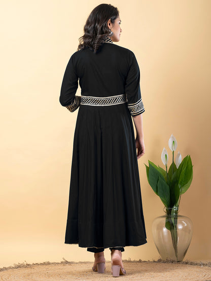 Black Gota Patti Work Anarkali Premium Rayon Kurta Pant Set with Cotton Dupatta–3 Piece Salwar Kameez-750094