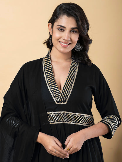 Black Gota Patti Work Anarkali Premium Rayon Kurta Pant Set with Cotton Dupatta–3 Piece Salwar Kameez-750094