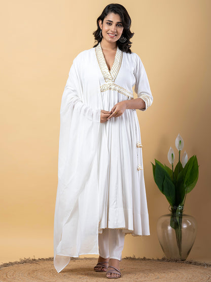 White Gota Patti Work Anarkali Premium Rayon Kurta Pant Set with Cotton Dupatta–3 Piece Salwar Kameez-750095
