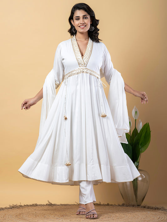 White Gota Patti Work Anarkali Premium Rayon Kurta Pant Set with Cotton Dupatta–3 Piece Salwar Kameez-750095