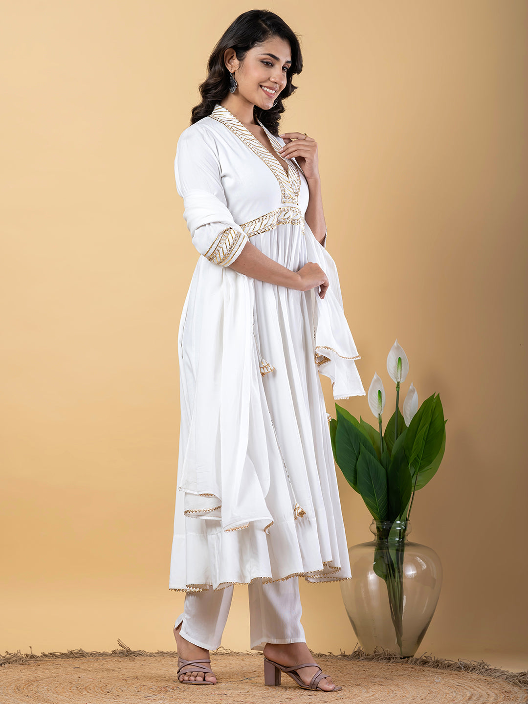 White Gota Patti Work Anarkali Premium Rayon Kurta Pant Set with Cotton Dupatta–3 Piece Salwar Kameez-750095