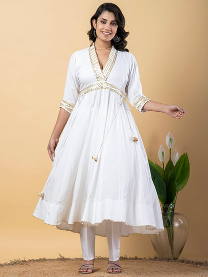 White Gota Patti Work Anarkali Premium Rayon Kurta Pant Set with Cotton Dupatta–3 Piece Salwar Kameez-750095