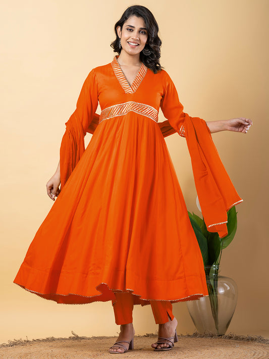 Orange Gota Patti Work Anarkali Premium Rayon Kurta Pant Set with Cotton Dupatta–3 Piece Salwar Kameez-750096