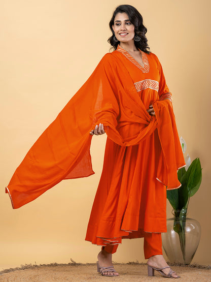 Orange Gota Patti Work Anarkali Premium Rayon Kurta Pant Set with Cotton Dupatta–3 Piece Salwar Kameez-750096