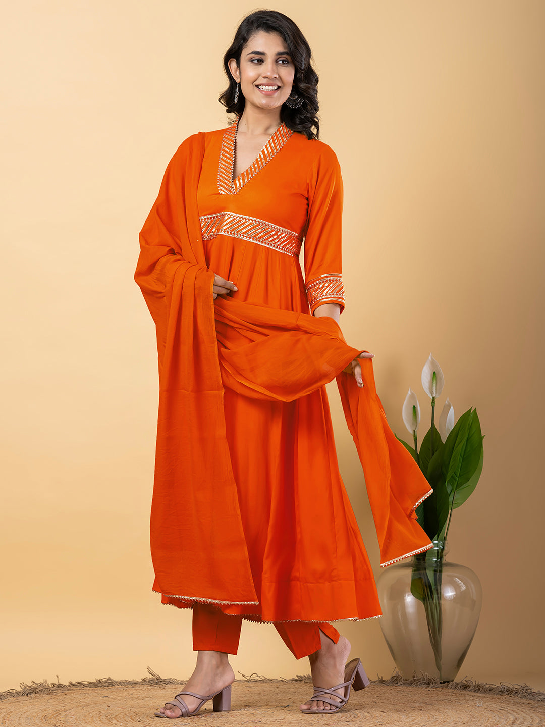 Orange Gota Patti Work Anarkali Premium Rayon Kurta Pant Set with Cotton Dupatta–3 Piece Salwar Kameez-750096