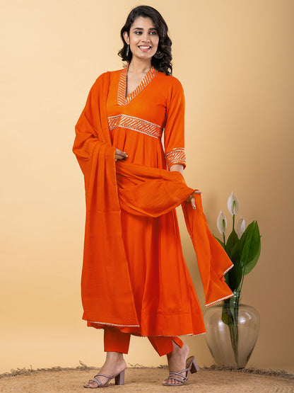 Orange Gota Patti Work Anarkali Premium Rayon Kurta Pant Set with Cotton Dupatta–3 Piece Salwar Kameez-750096