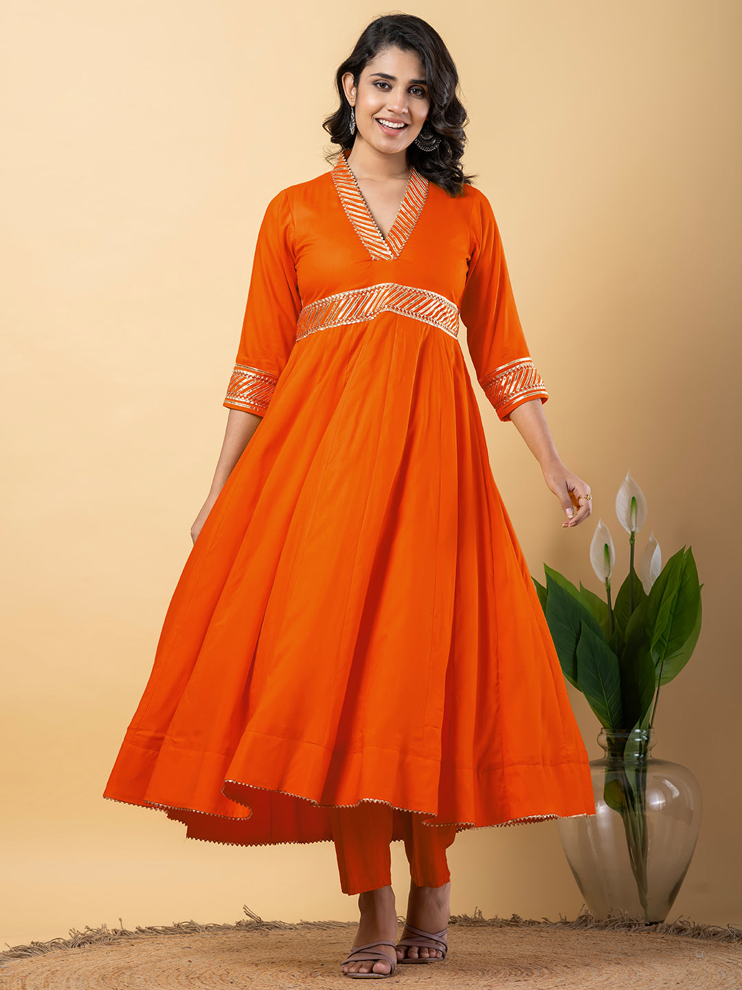 Orange Gota Patti Work Anarkali Premium Rayon Kurta Pant Set with Cotton Dupatta–3 Piece Salwar Kameez-750096