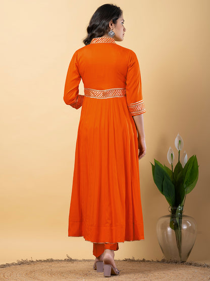 Orange Gota Patti Work Anarkali Premium Rayon Kurta Pant Set with Cotton Dupatta–3 Piece Salwar Kameez-750096