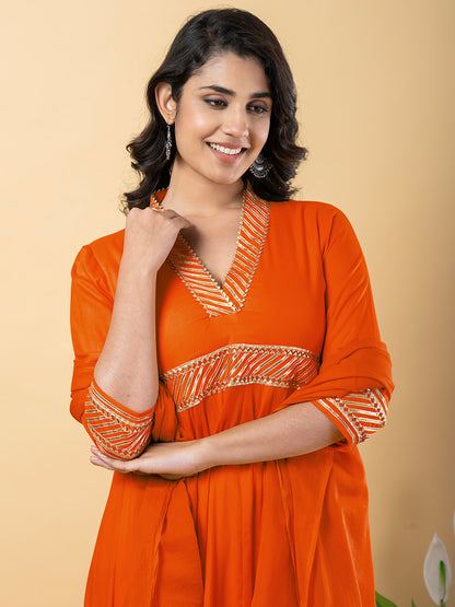 Orange Gota Patti Work Anarkali Premium Rayon Kurta Pant Set with Cotton Dupatta–3 Piece Salwar Kameez-750096