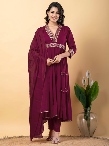 Purple Gota Patti Work Anarkali Premium Rayon Kurta Pant Set with Cotton Dupatta–3 Piece Salwar Kameez-750097