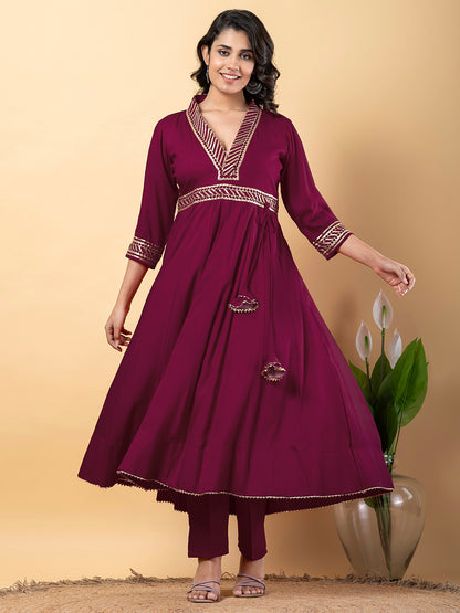Purple Gota Patti Work Anarkali Premium Rayon Kurta Pant Set with Cotton Dupatta–3 Piece Salwar Kameez-750097