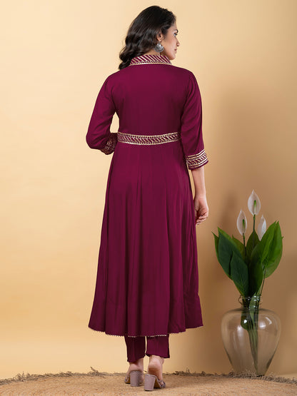 Purple Gota Patti Work Anarkali Premium Rayon Kurta Pant Set with Cotton Dupatta–3 Piece Salwar Kameez-750097