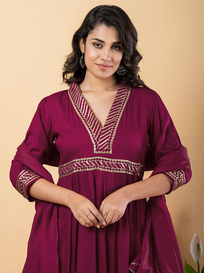 Purple Gota Patti Work Anarkali Premium Rayon Kurta Pant Set with Cotton Dupatta–3 Piece Salwar Kameez-750097