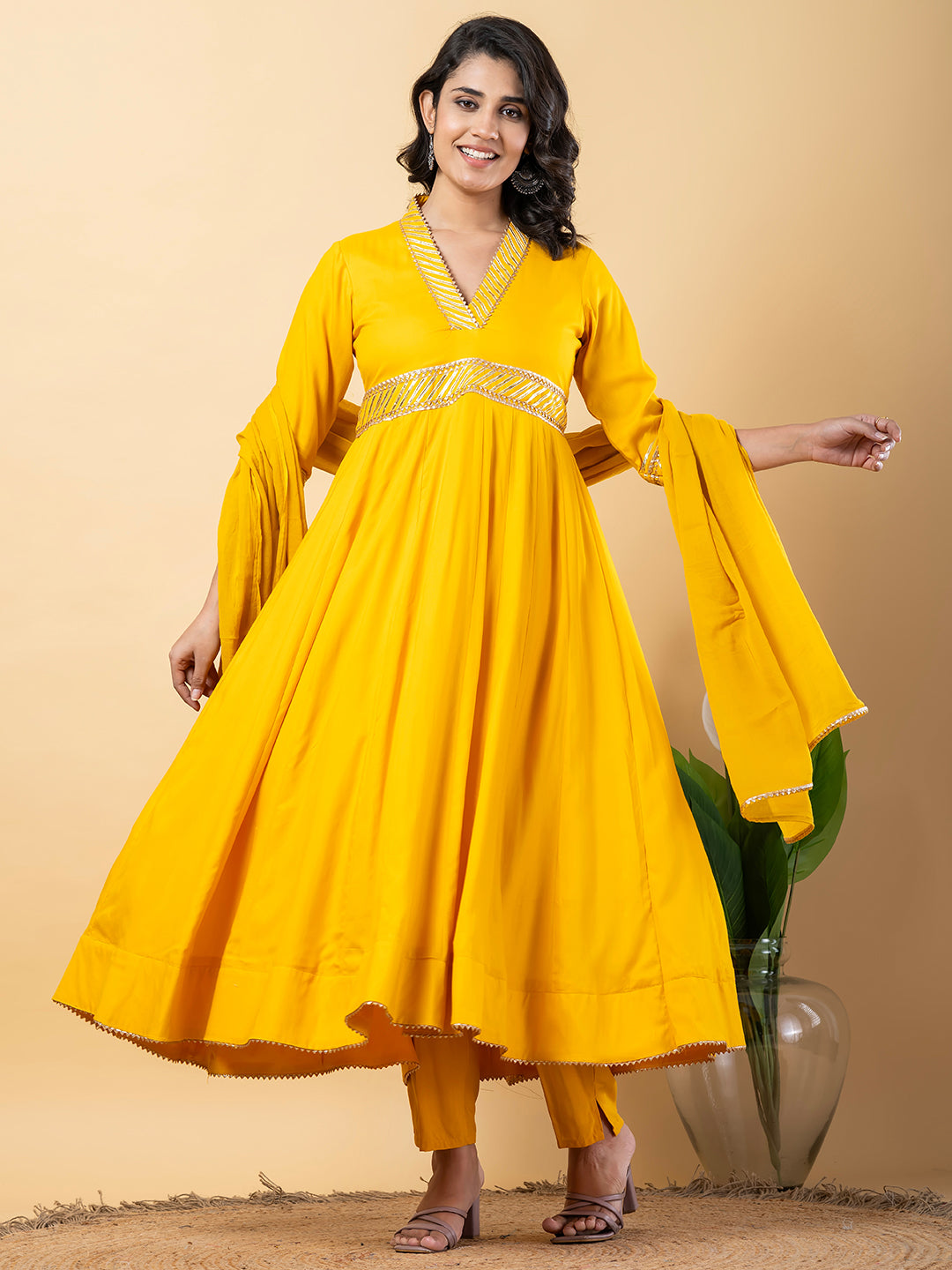 Yellow Gota Patti Work Anarkali Premium Rayon Kurta Pant Set with Cotton Dupatta–3 Piece Salwar Kameez-750098