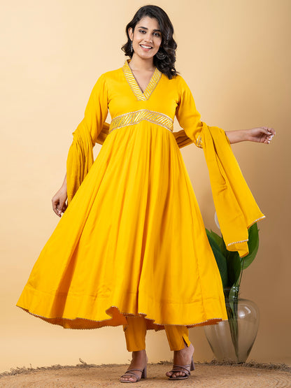 Yellow Gota Patti Work Anarkali Premium Rayon Kurta Pant Set with Cotton Dupatta–3 Piece Salwar Kameez-750098
