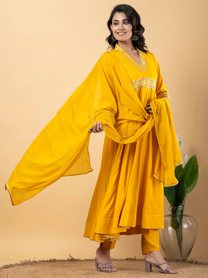 Yellow Gota Patti Work Anarkali Premium Rayon Kurta Pant Set with Cotton Dupatta–3 Piece Salwar Kameez-750098
