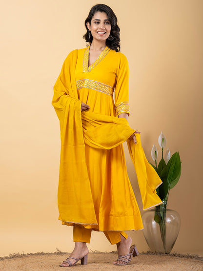 Yellow Gota Patti Work Anarkali Premium Rayon Kurta Pant Set with Cotton Dupatta–3 Piece Salwar Kameez-750098