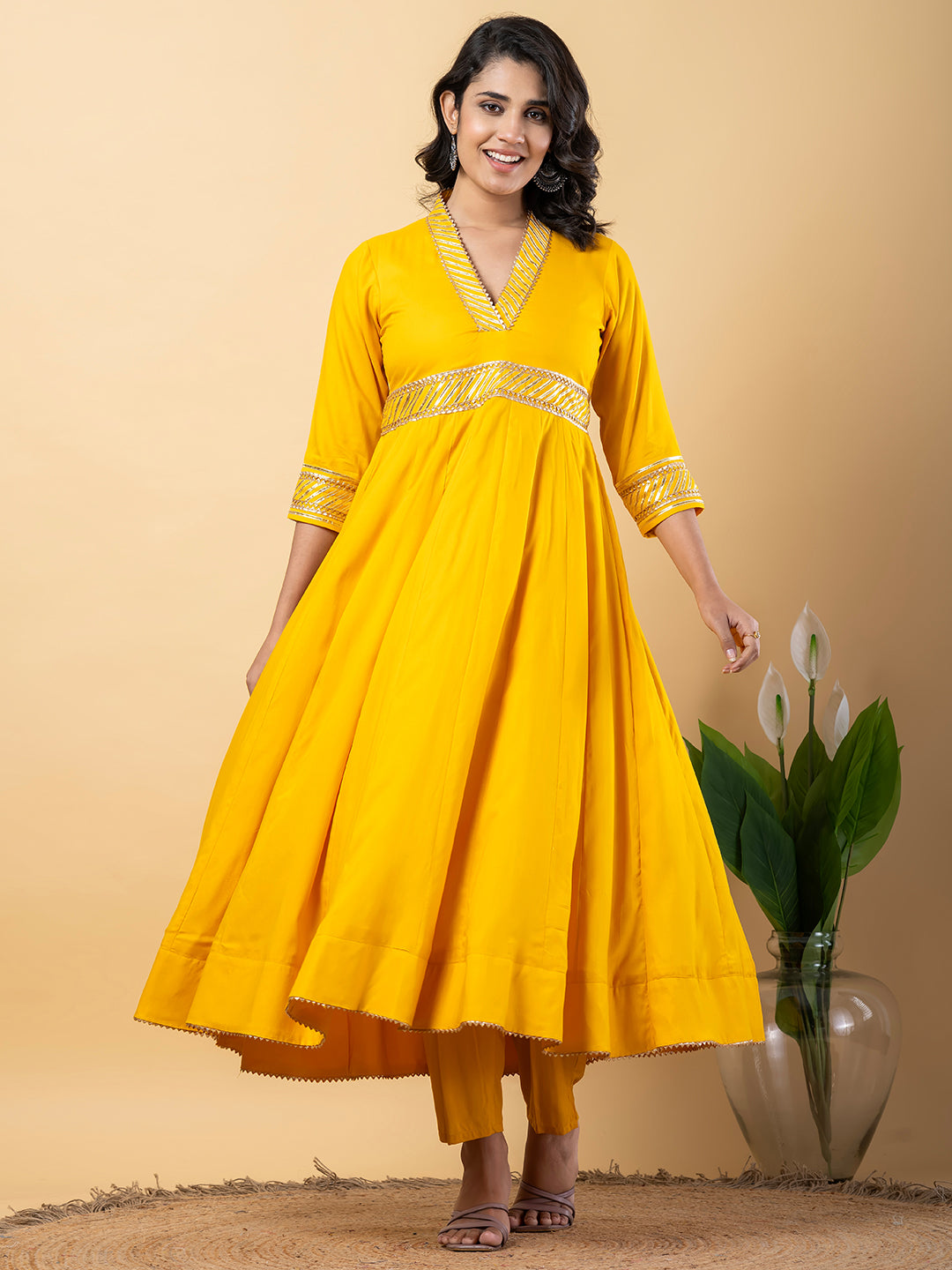 Yellow Gota Patti Work Anarkali Premium Rayon Kurta Pant Set with Cotton Dupatta–3 Piece Salwar Kameez-750098
