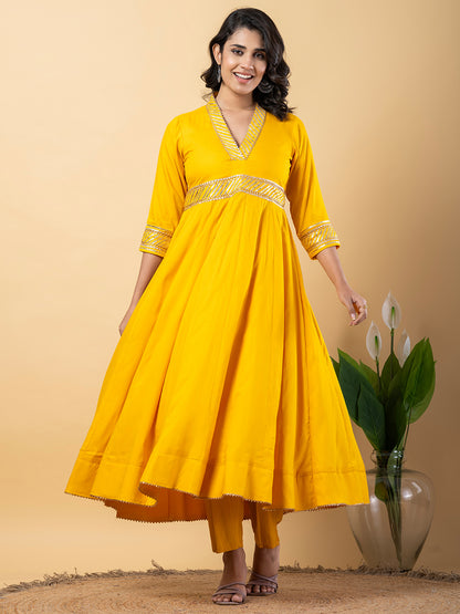 Yellow Gota Patti Work Anarkali Premium Rayon Kurta Pant Set with Cotton Dupatta–3 Piece Salwar Kameez-750098