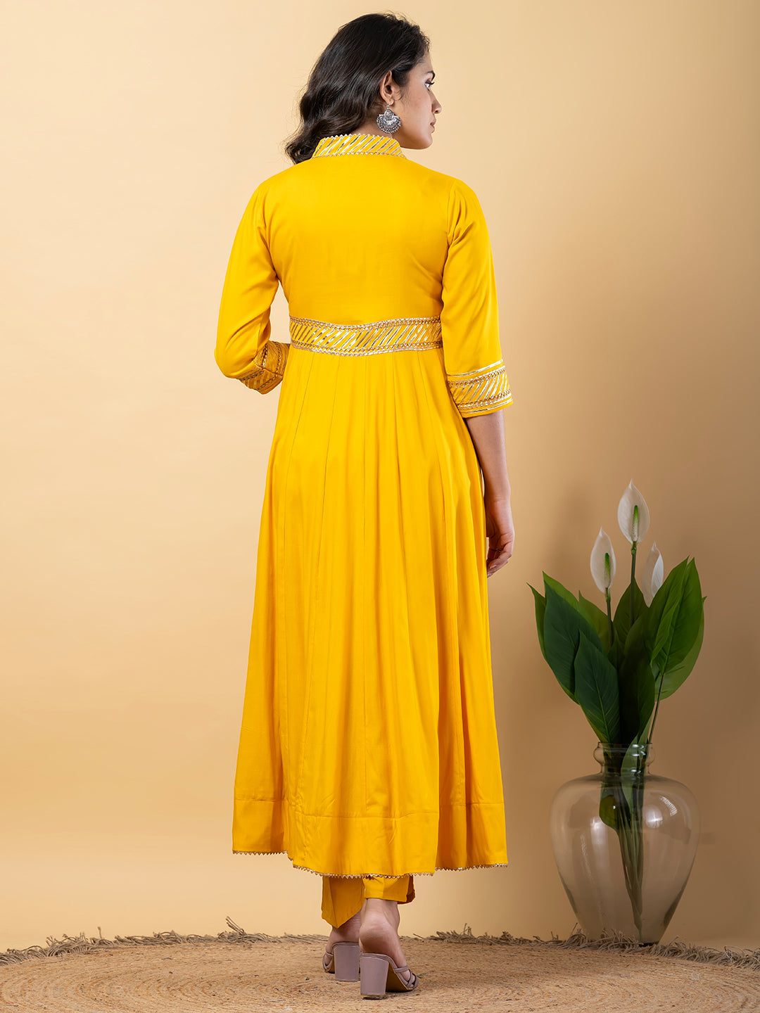 Yellow Gota Patti Work Anarkali Premium Rayon Kurta Pant Set with Cotton Dupatta–3 Piece Salwar Kameez-750098