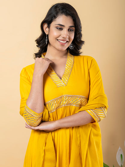Yellow Gota Patti Work Anarkali Premium Rayon Kurta Pant Set with Cotton Dupatta–3 Piece Salwar Kameez-750098