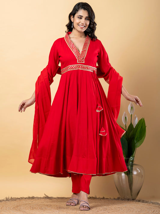 Red Gota Patti Work Anarkali Premium Rayon Kurta Pant Set with Cotton Dupatta–3 Piece Salwar Kameez-750099