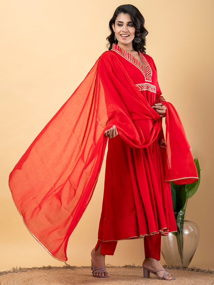 Red Gota Patti Work Anarkali Premium Rayon Kurta Pant Set with Cotton Dupatta–3 Piece Salwar Kameez-750099