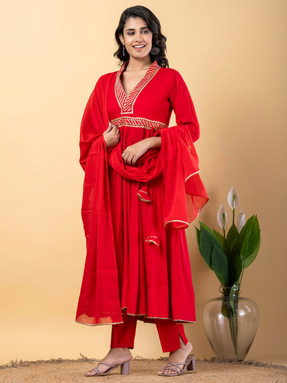 Red Gota Patti Work Anarkali Premium Rayon Kurta Pant Set with Cotton Dupatta–3 Piece Salwar Kameez-750099