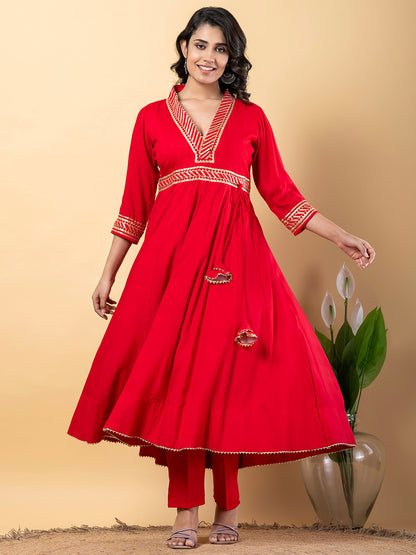 Red Gota Patti Work Anarkali Premium Rayon Kurta Pant Set with Cotton Dupatta–3 Piece Salwar Kameez-750099